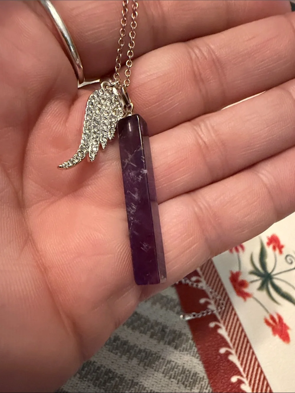 Silver Necklace with Purple Crystal Bar and Wing Charm - Unbranded